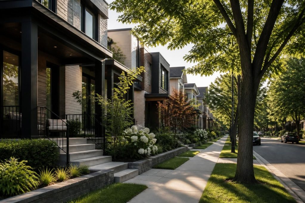 Tree-lined neighborhood with attractive modern homes