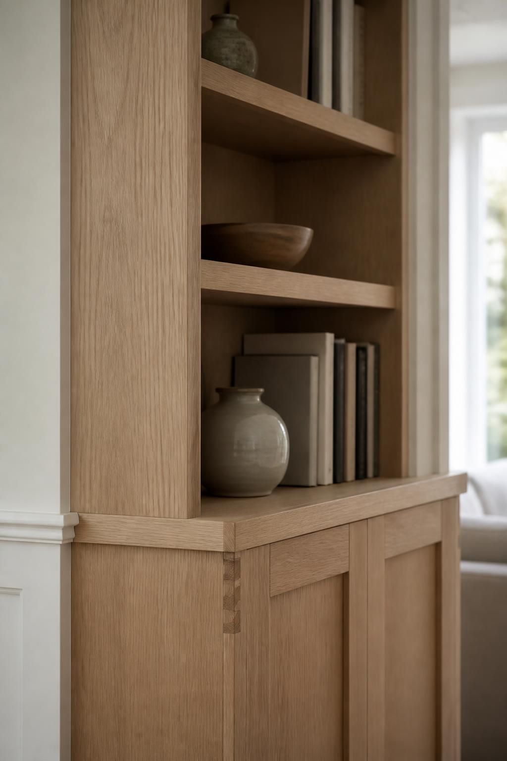 Finished custom carpentry with built-in shelving in a renovated interior