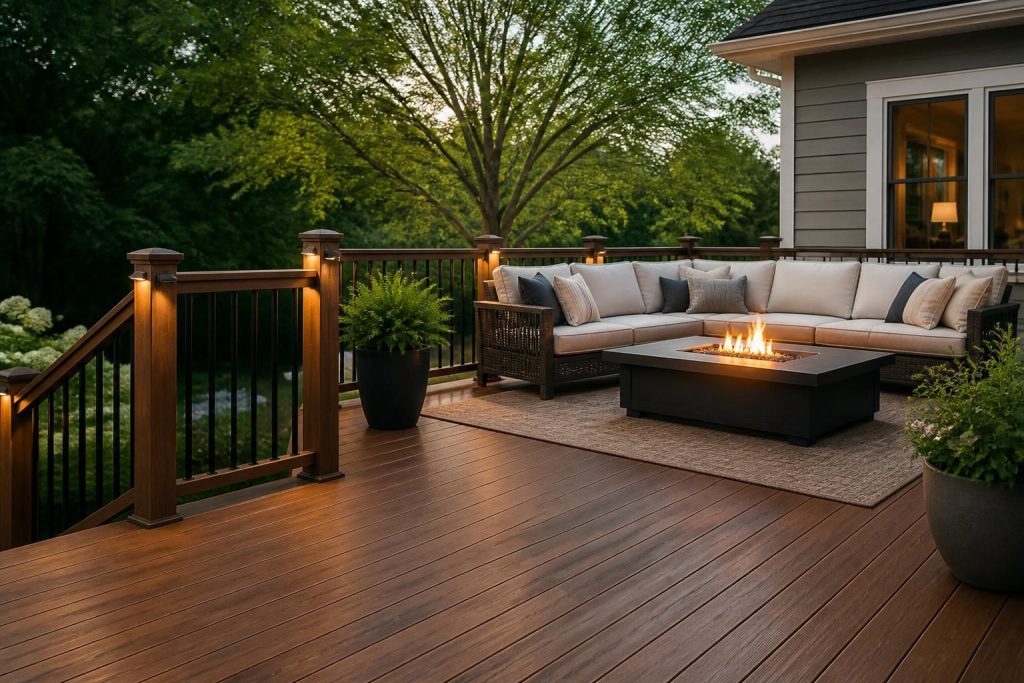 Finished wooden deck with clean railings and outdoor living space