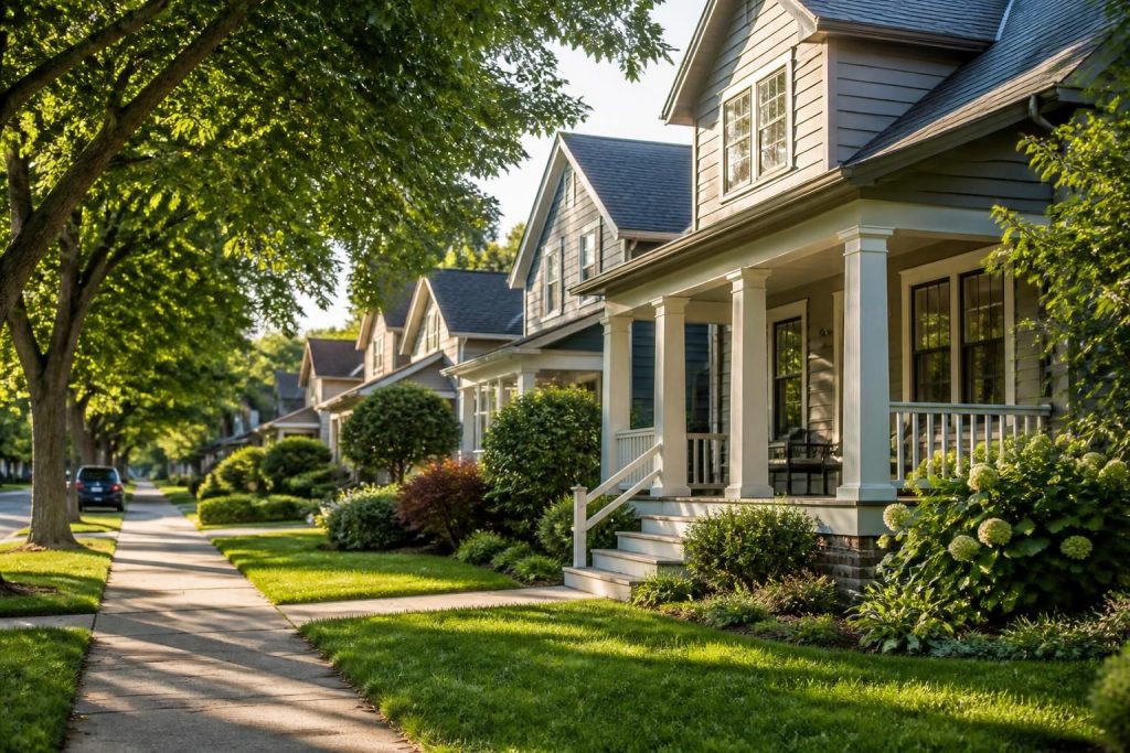 Well-kept neighborhood with homes and mature trees