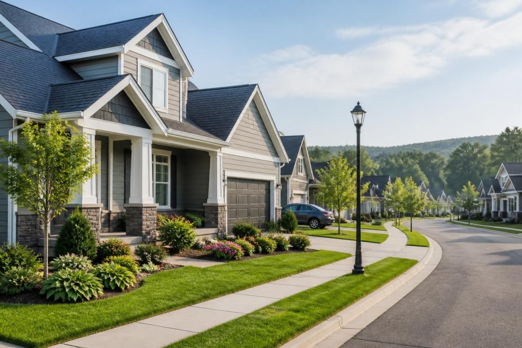 Residential neighborhood with newer homes and tidy lawns