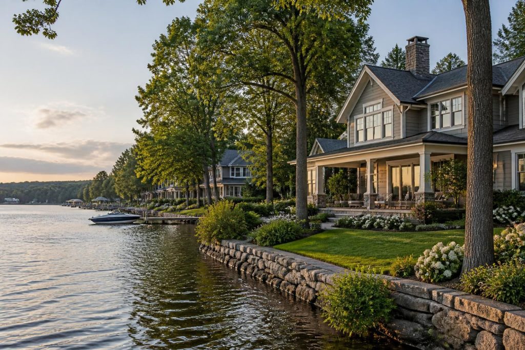 Lakeside residential scene with attractive homes and greenery