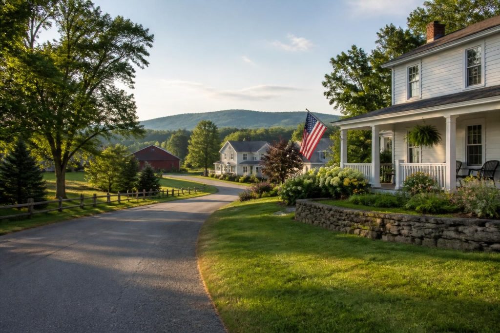 Rural-suburban neighborhood with homes and open greenery