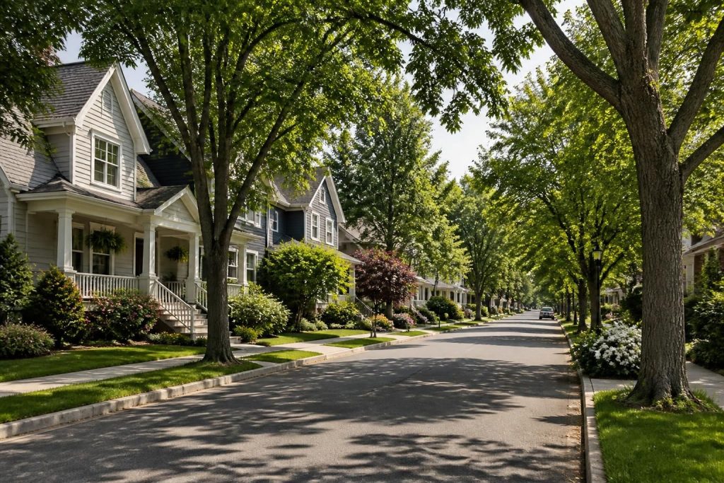Tree-lined residential street with tidy homes