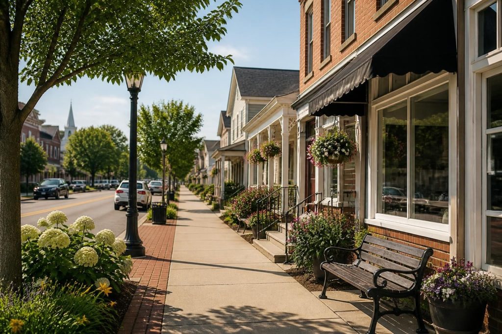 Small-town street with neat buildings and green landscaping
