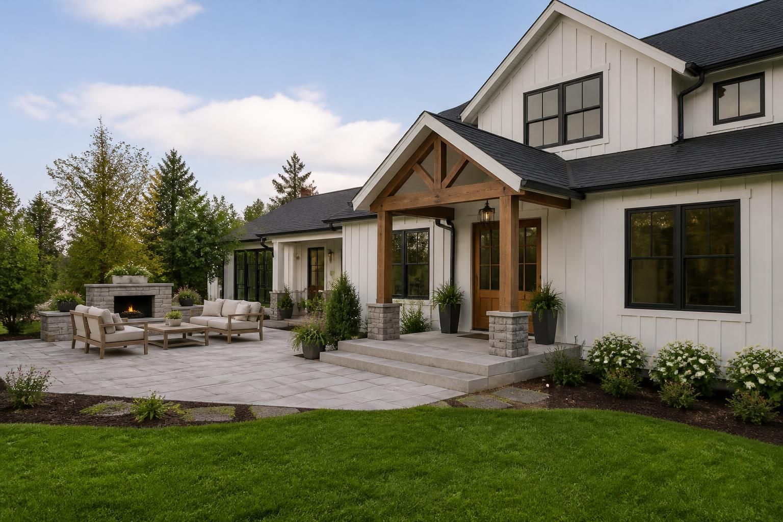 Remodeled home exterior with a finished patio in natural light