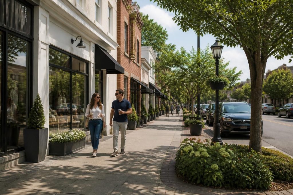 Welcoming commercial district with tidy streets and buildings