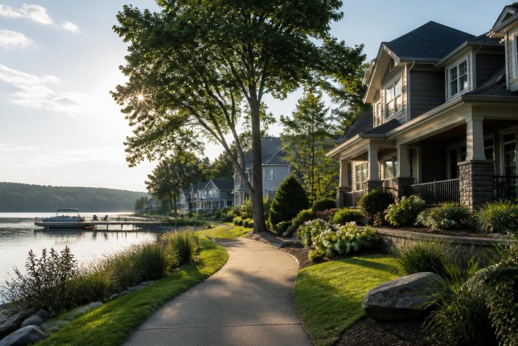 Peaceful lakeside neighborhood with well-kept homes