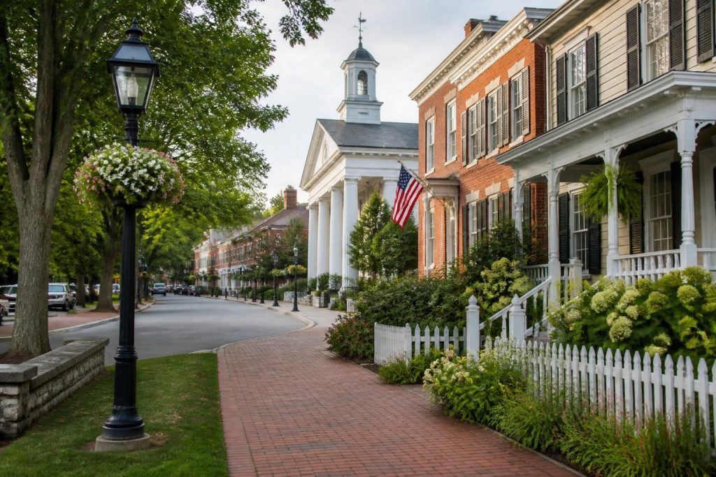 Historic small-town street with well-maintained buildings